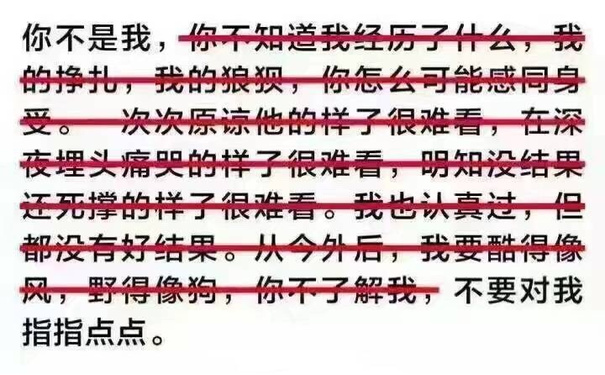 你不是我，你不知道我经历了什么，我的挣扎，我的狼狈，你怎么可能感同身受。一次次原谅他的样子很难看，在深夜埋头痛哭的样子很难看，明知没结果还死撑的样子很难看。我也认真过，但是都没好结果。从今往后，我要酷